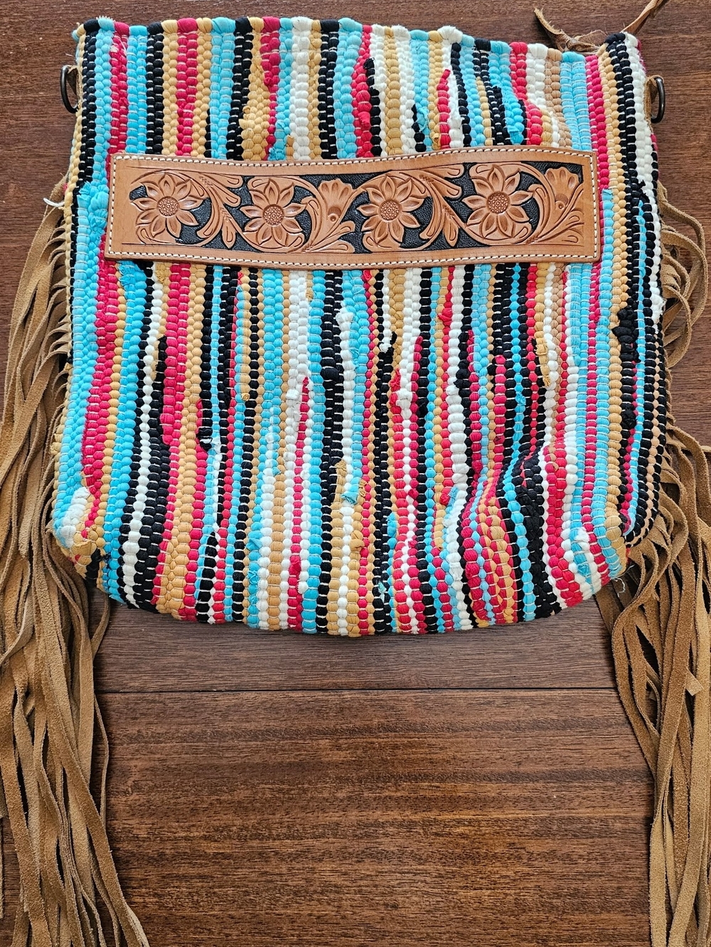 American Darling Hand Tooled Leather Multicolor Striped Saddle Bag‎ w/Fringe